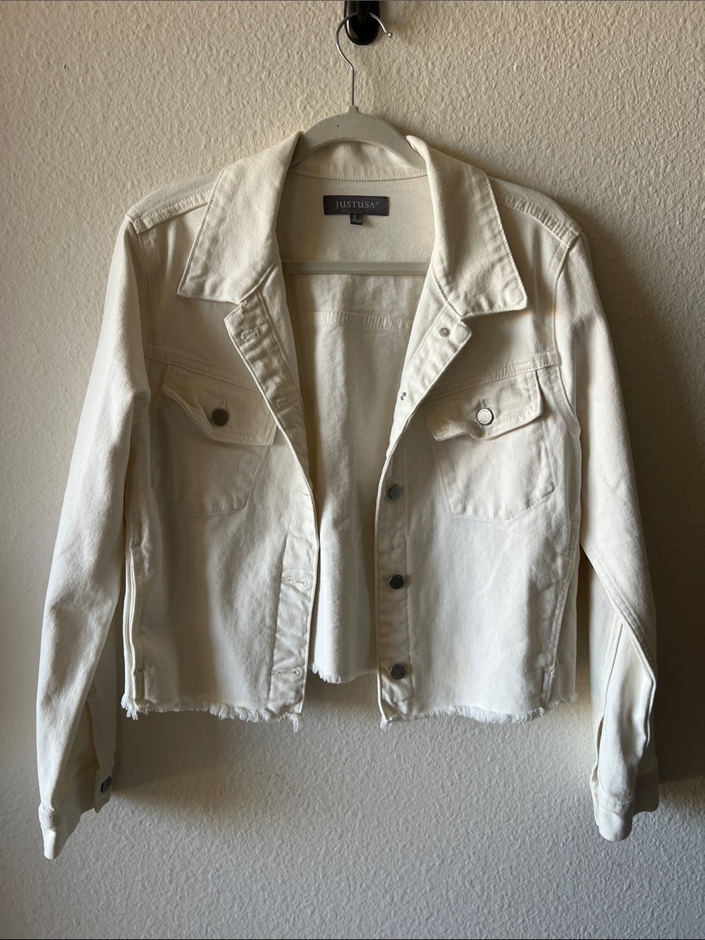 Just USA Cream Denim Jacket - Distressed Hem